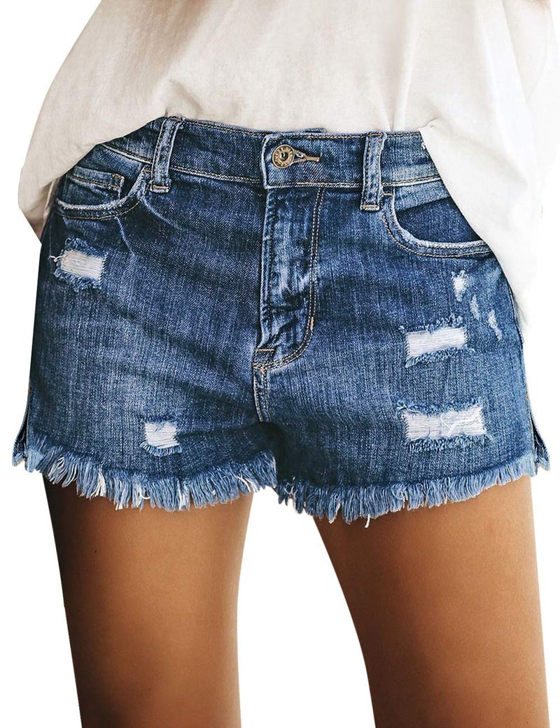 luvamia Jean Shorts Womens Mid Rise Stretchy Cut Off Frayed Denim Shorts Ripped Summer Casual Beach Vacation Clothes Lapis Storm Size X-Large Fits US 16-18 - Image 1